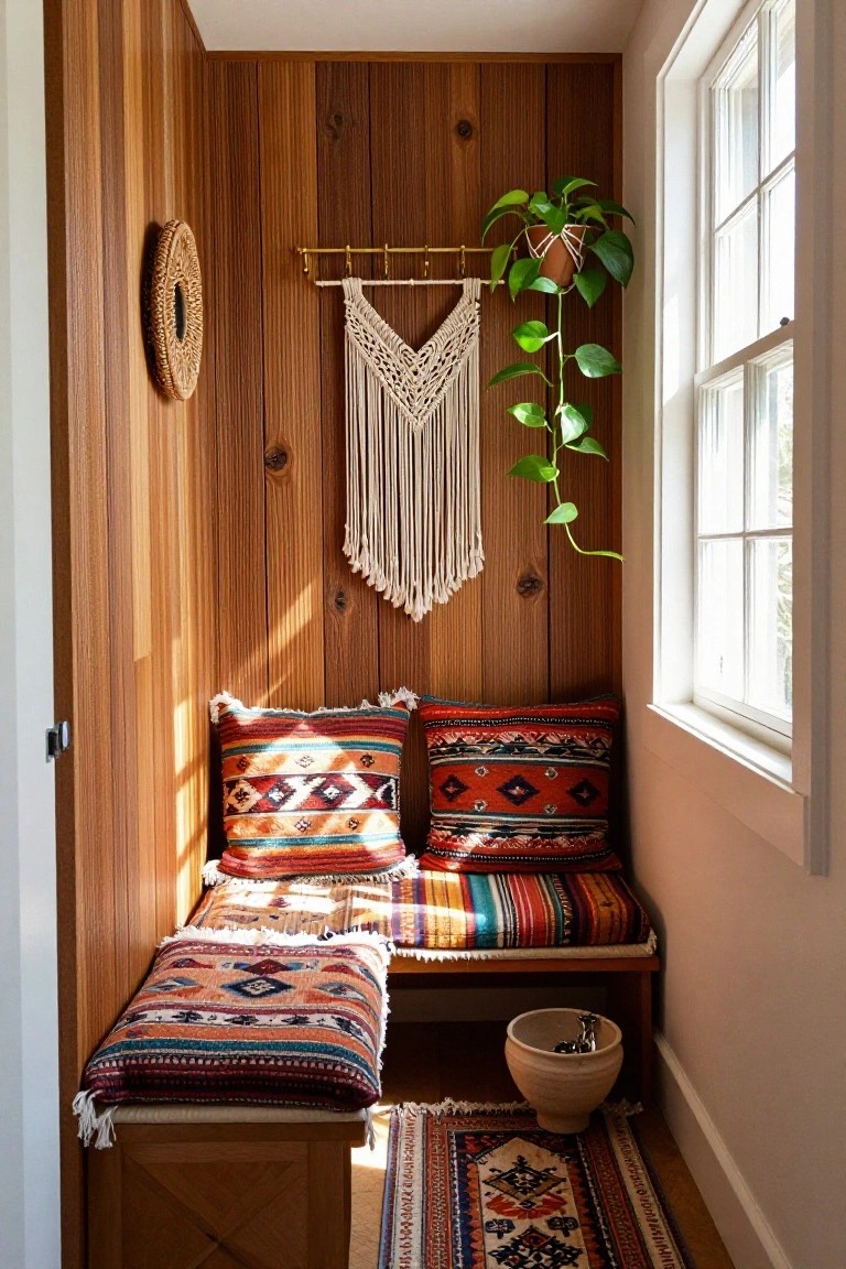 A narrow entry nook features vertical wood paneling, a built-in wooden bench with patterned cushions, a macrame hanging, and a trailing plant by the window.