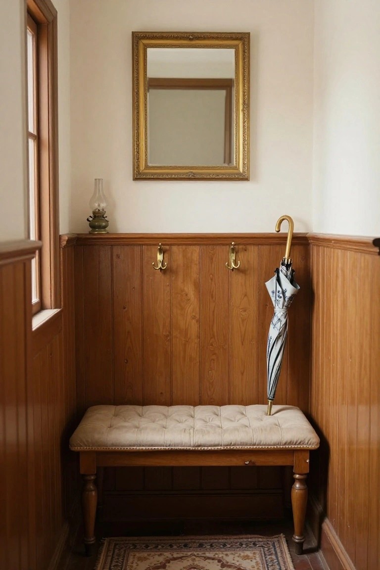 Tufted beige bench under gold-framed mirror with umbrella on wooden wall hooks