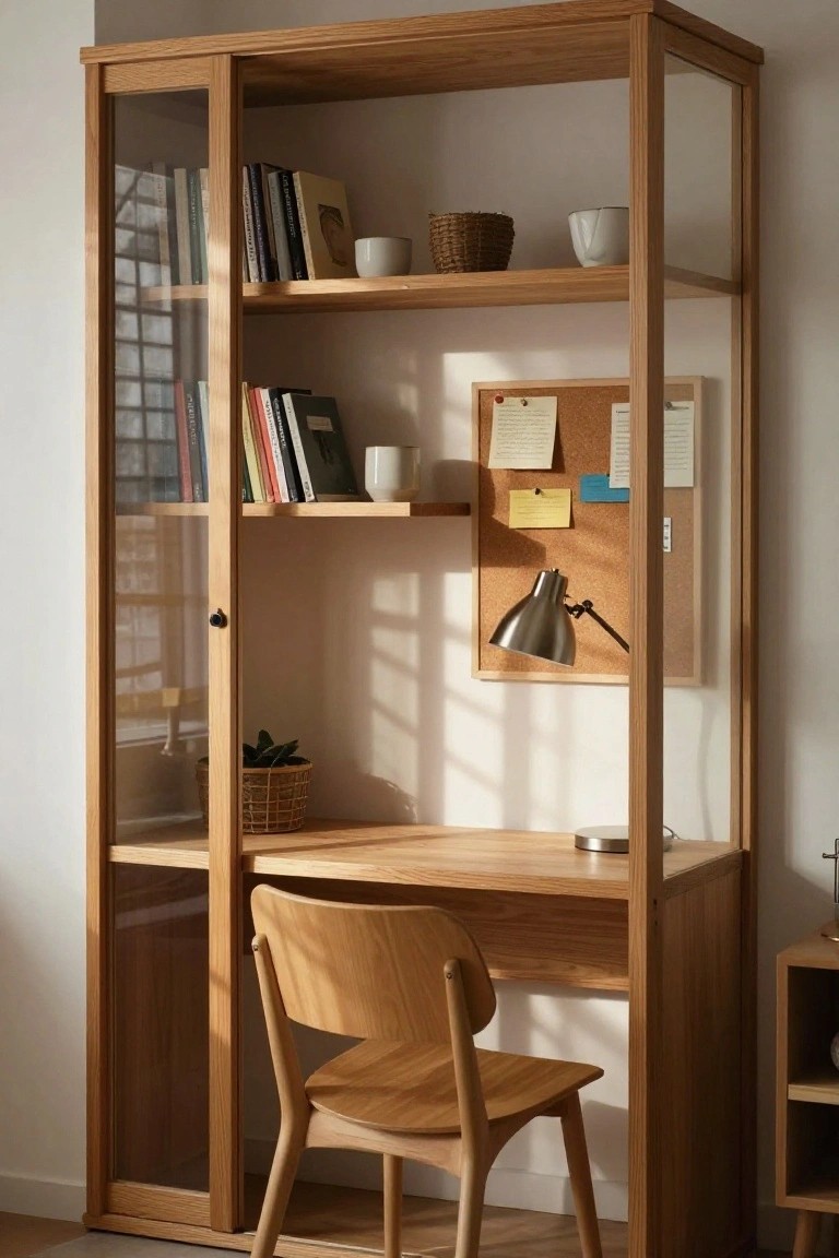 A light wood built-in cabinet unit with glass doors on the sides and open shelves above a desk surface, including a wooden chair, books, a lamp, and a corkboard on the back wall.