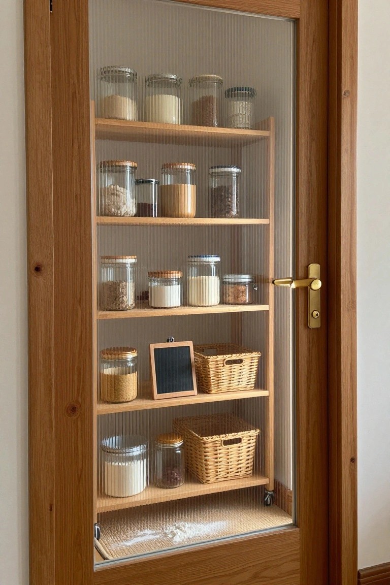 A tall wooden cabinet with a framed glass door showing multiple shelves of glass jars and woven baskets.