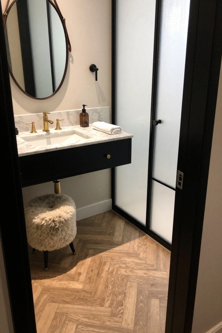 A bathroom with a black floating vanity, round mirror, marble countertop, and a black-framed glass door with frosted panels on the right.