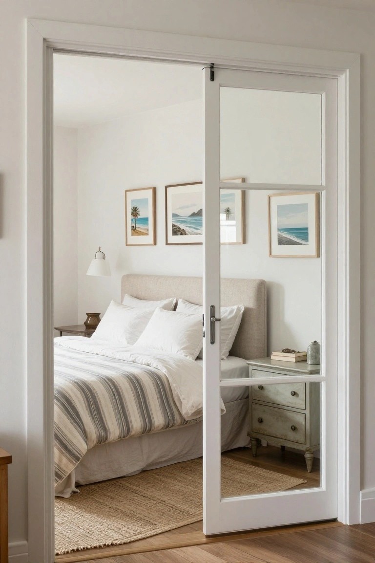 White French doors open to bedroom with striped bedding, beige headboard, and coastal art