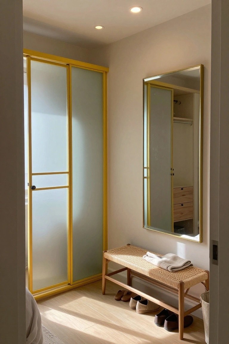 Interior view of a hallway with a yellow-framed frosted glass sliding door, a woven bench with shoes underneath, and a large gold-framed mirror on the wall.