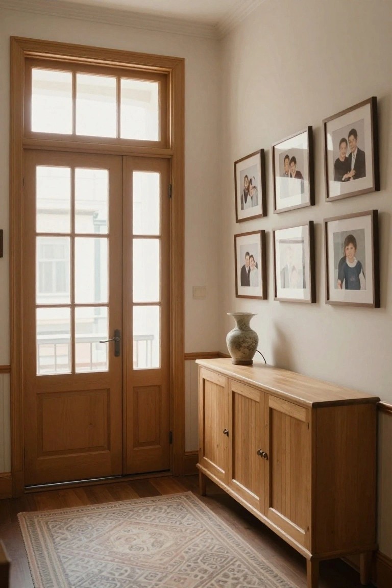 A light wood double door with multiple glass panes in a grid pattern stands in a hallway next to a wooden sideboard and family photos on the wall.