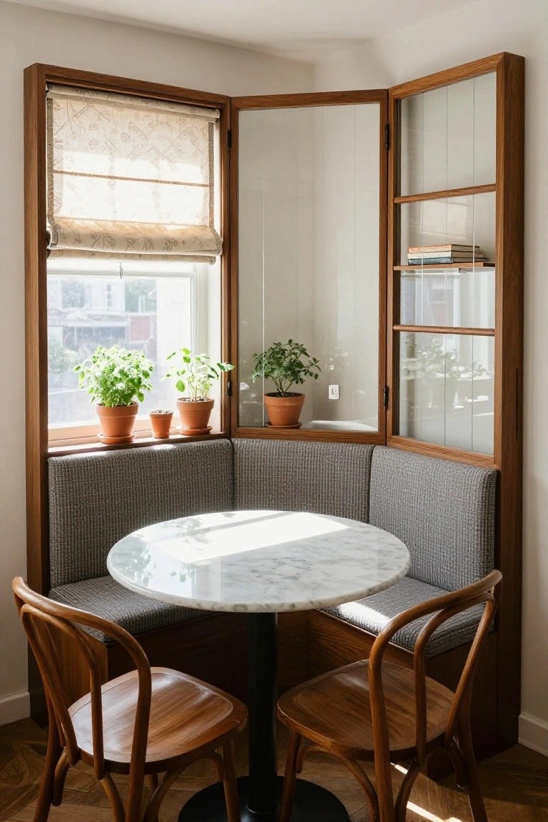 A corner dining nook with a round marble table, gray upholstered banquette seating, two wooden chairs, and large wooden-framed glass doors with potted plants on the windowsill.