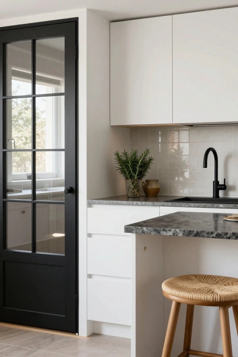 A black framed glass door with multiple panes stands open beside white kitchen cabinets and a dark countertop.