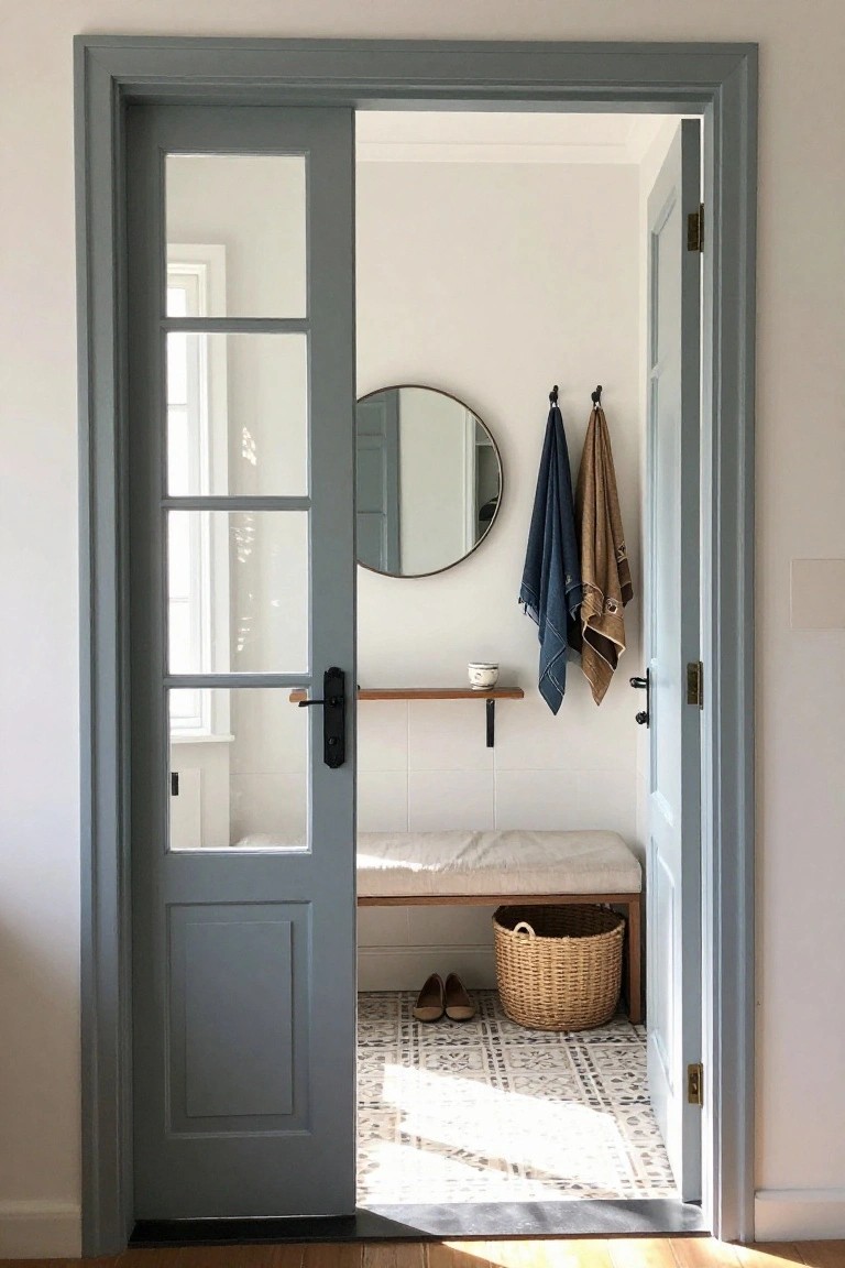 A gray wooden door with six glass panes in the upper half stands partially open, revealing a small entry room with a bench, round mirror, and patterned tile floor.