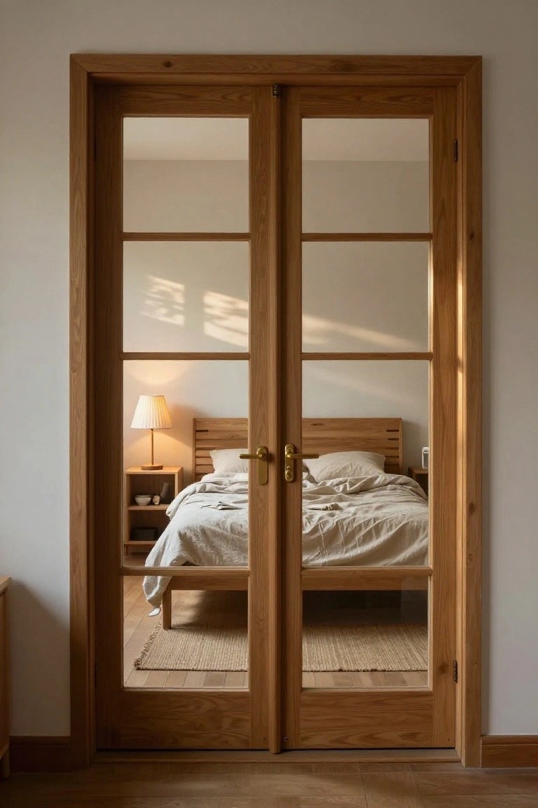 Wooden double doors with glass panes framing a sunlit bedroom with oak bed and white linens