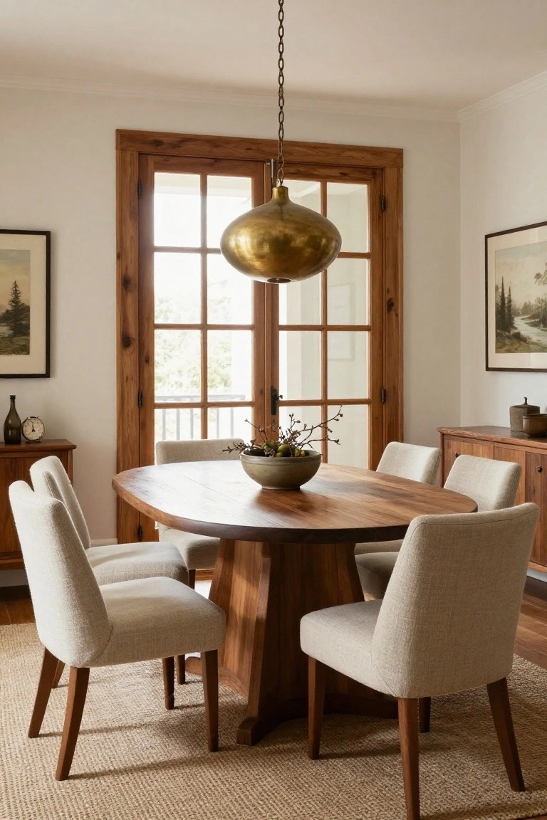 Round wooden table with beige upholstered chairs beneath large brass pendant light