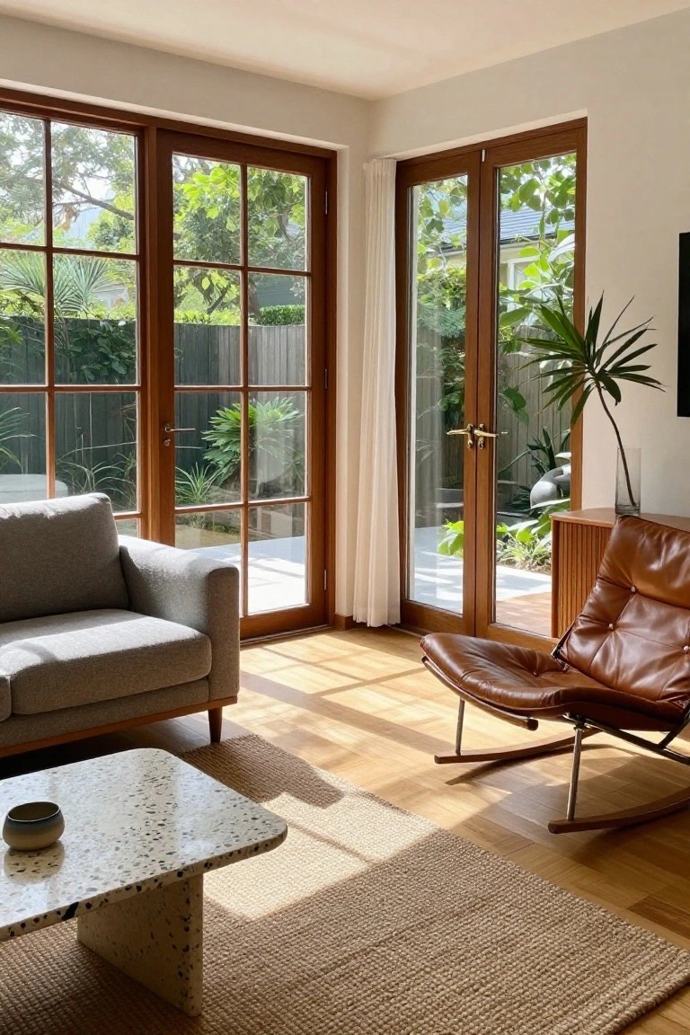 Interior view of a living room with a gray fabric sofa, brown leather rocking chair, terrazzo coffee table on a woven rug, and multiple wooden framed glass doors with grid panels.
