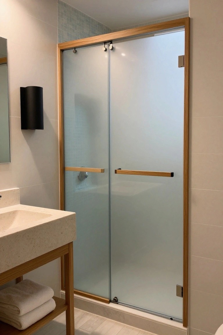 A bathroom with a light wood framed frosted glass sliding shower door beside a stone sink vanity.
