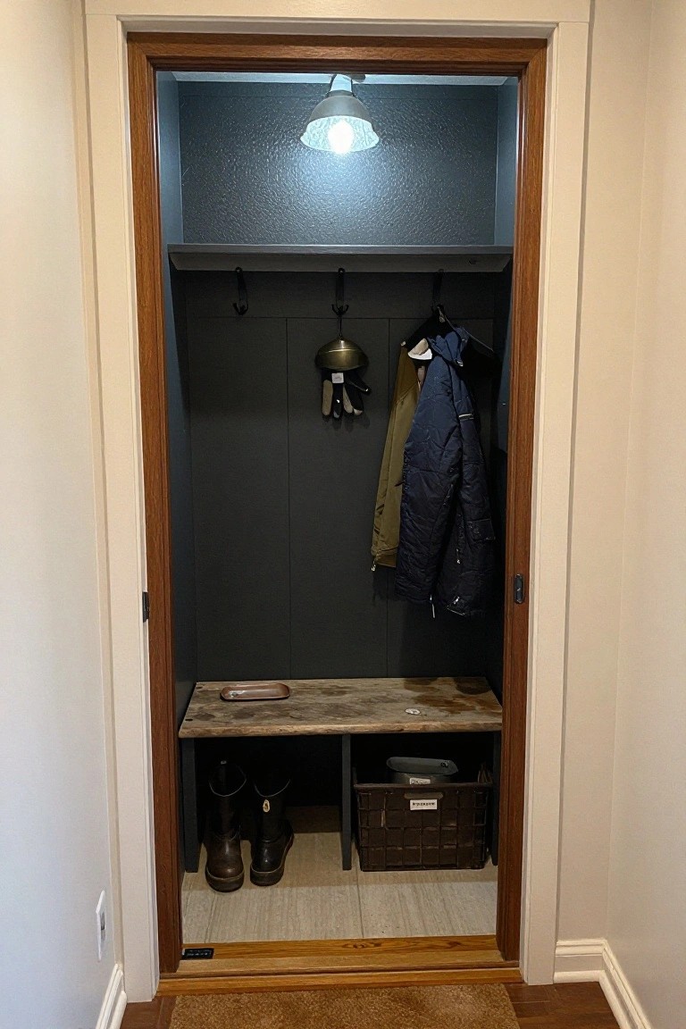 A closet with a thick wooden frame around the opening, dark gray interior walls, hooks, a wooden bench, and storage items including boots and a jacket.