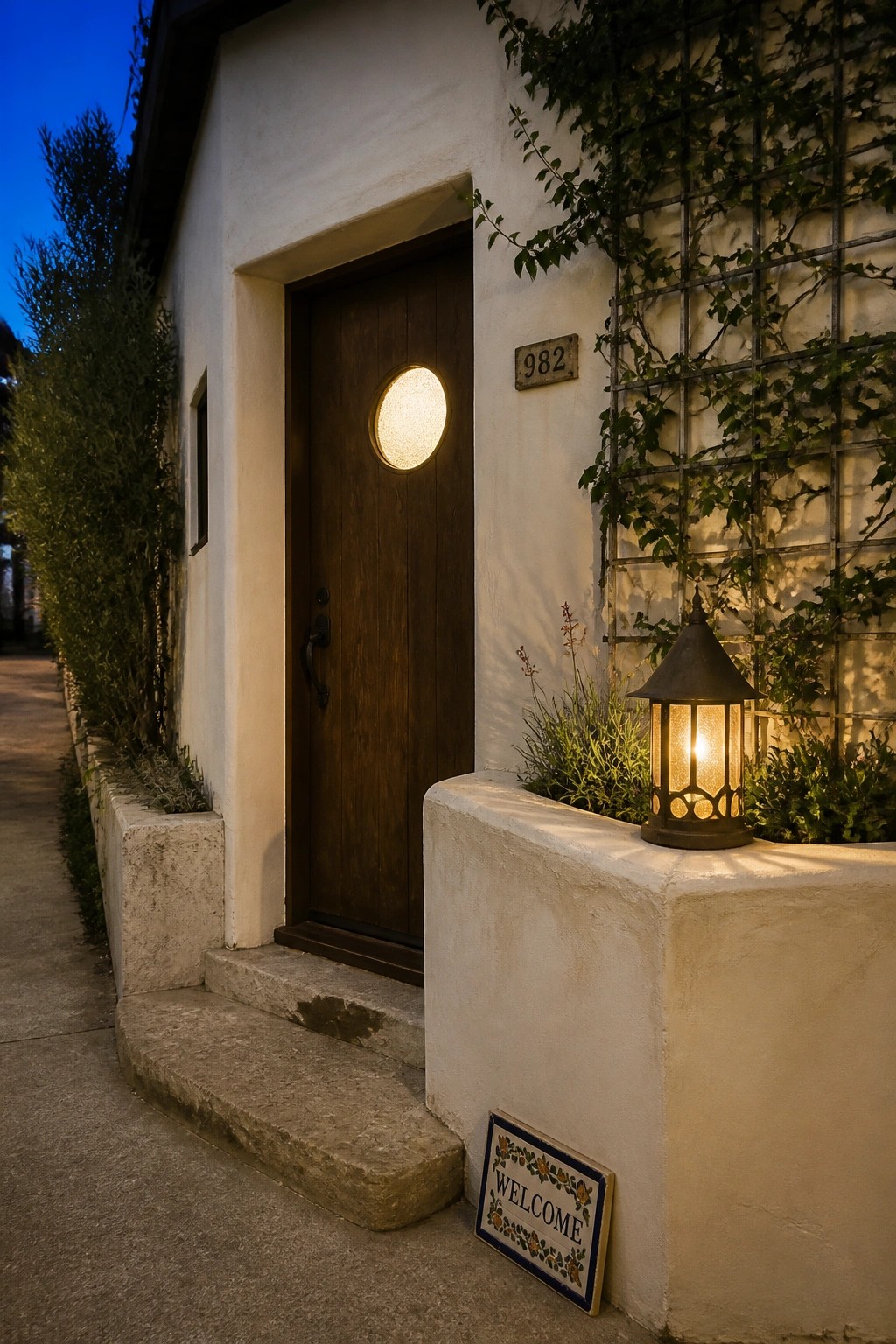 A dark wooden front door featuring a round frosted window, set into a white stucco wall beside a lit metal lantern on a low stone ledge.