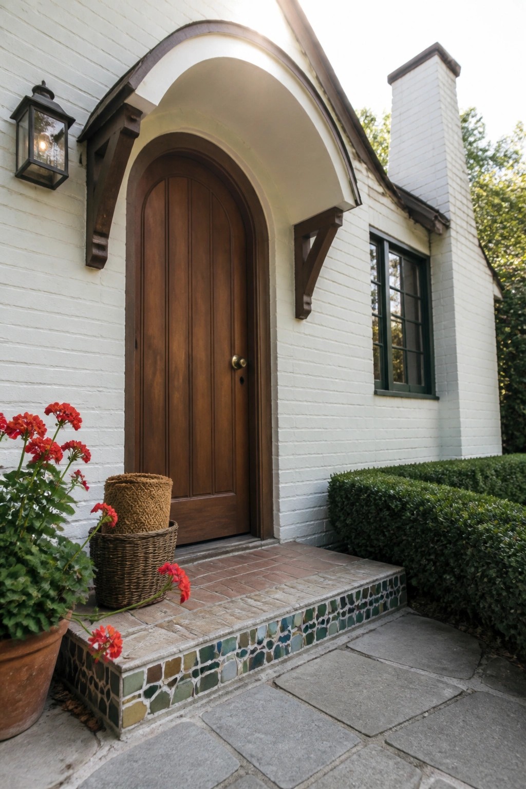 A white brick house with an arched wooden front door, a black lantern on the left, potted red flowers, and a mosaic-tiled step.