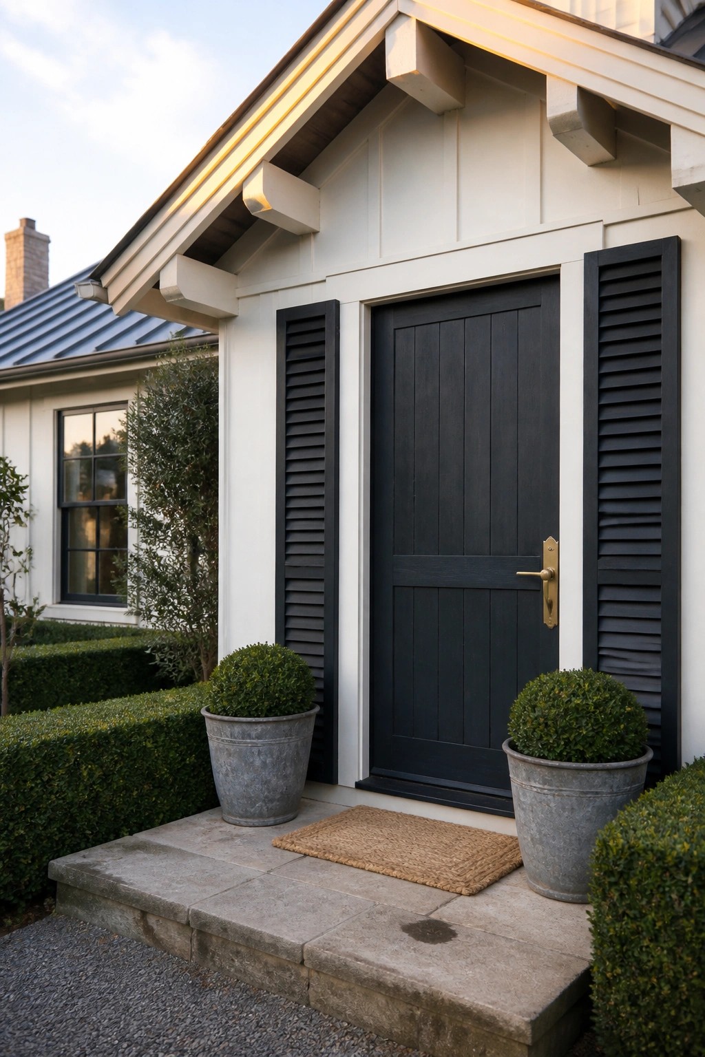 A dark wooden single door with matching black shutters set into a light-colored house exterior, with two potted shrubs on the concrete steps.