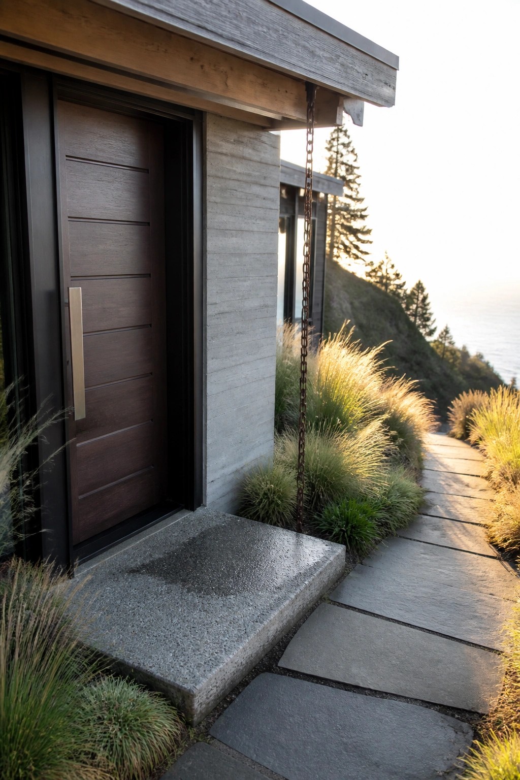 A dark wooden door with horizontal panels next to a wet concrete step and a stone pathway leading toward the ocean.