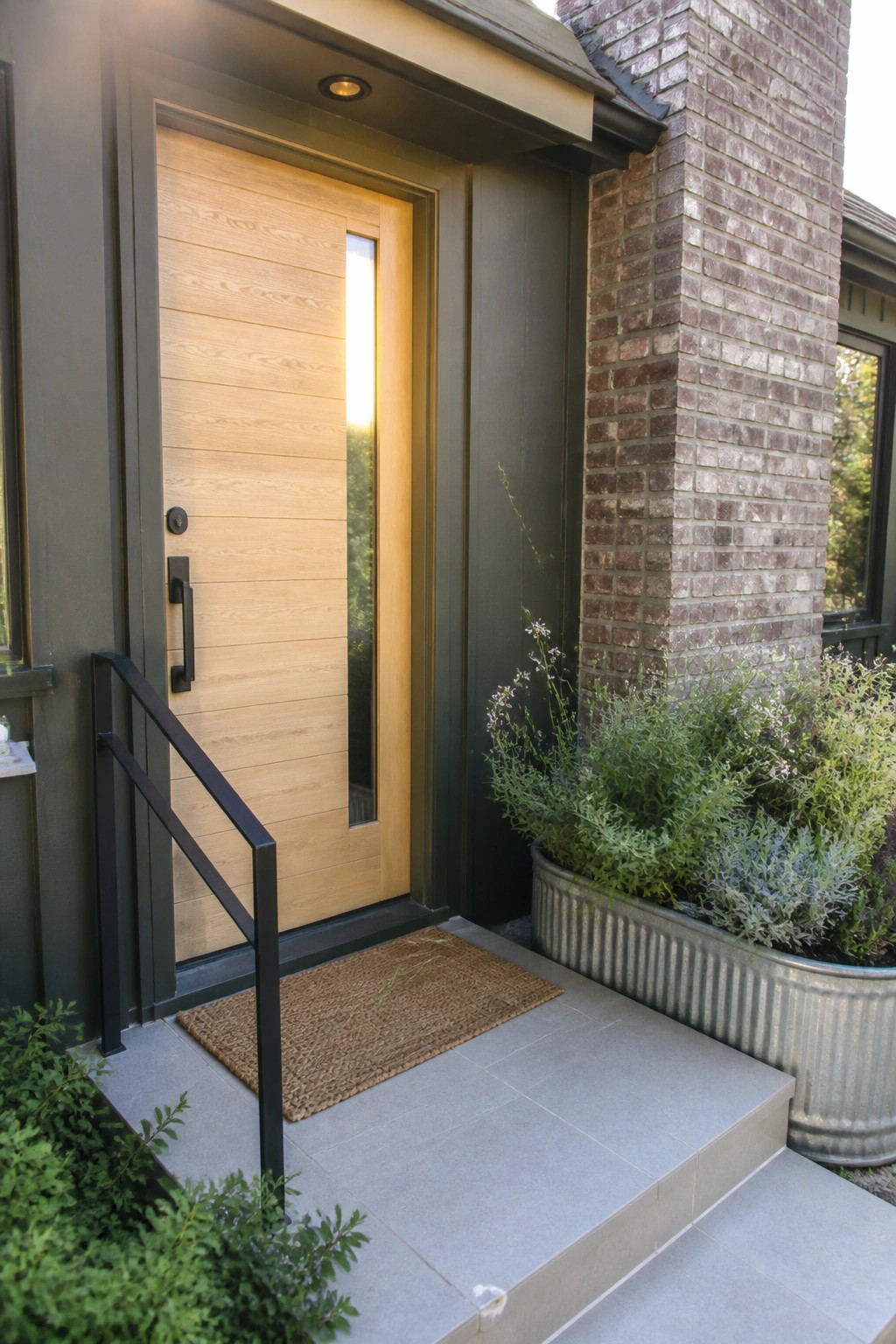 A light wood front door with a vertical glass panel set in a dark frame on a modern house exterior next to a brick chimney.