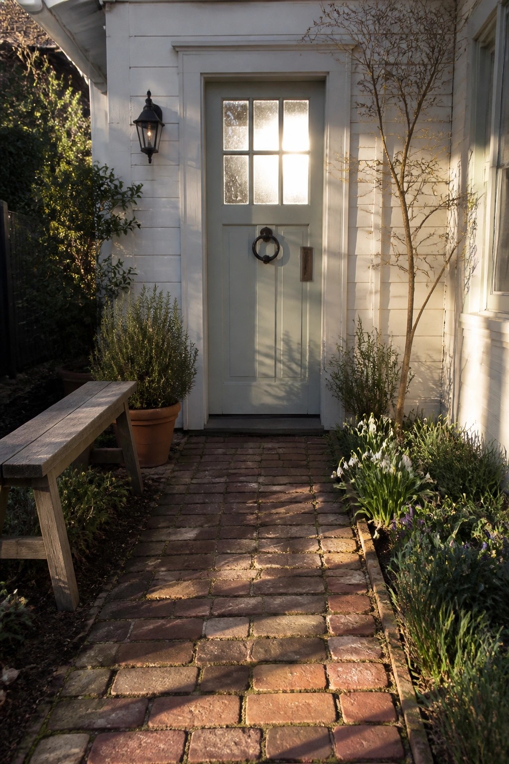 A light green wooden front door with six upper glass panes stands in a white house exterior, reached by a brick path lined with potted plants and a wooden bench.
