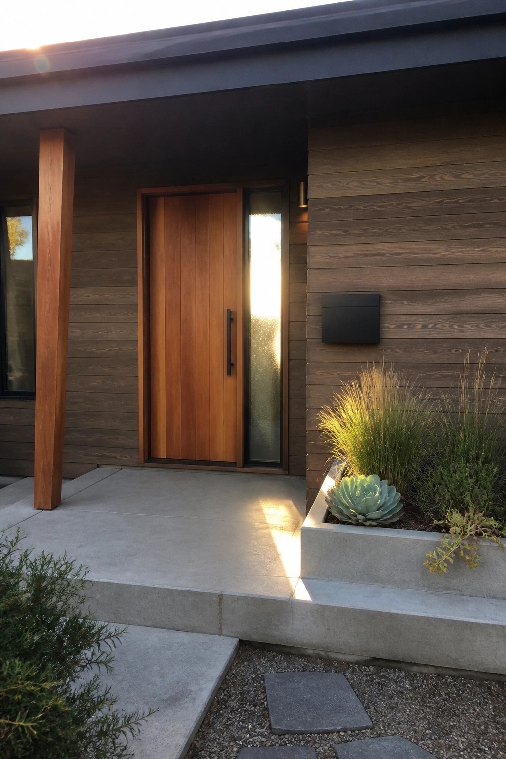 A front entrance shows a tall vertical wood door with a narrow glass sidelight beside it, set in dark horizontal wood siding with concrete steps and a small planted area.