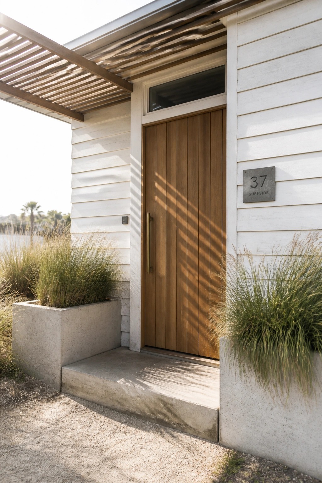 A front entry of a modern house with white horizontal siding, a tall vertical-grain wooden door with a long brass handle, concrete steps, and two rectangular concrete planters holding tall ornamental grass.