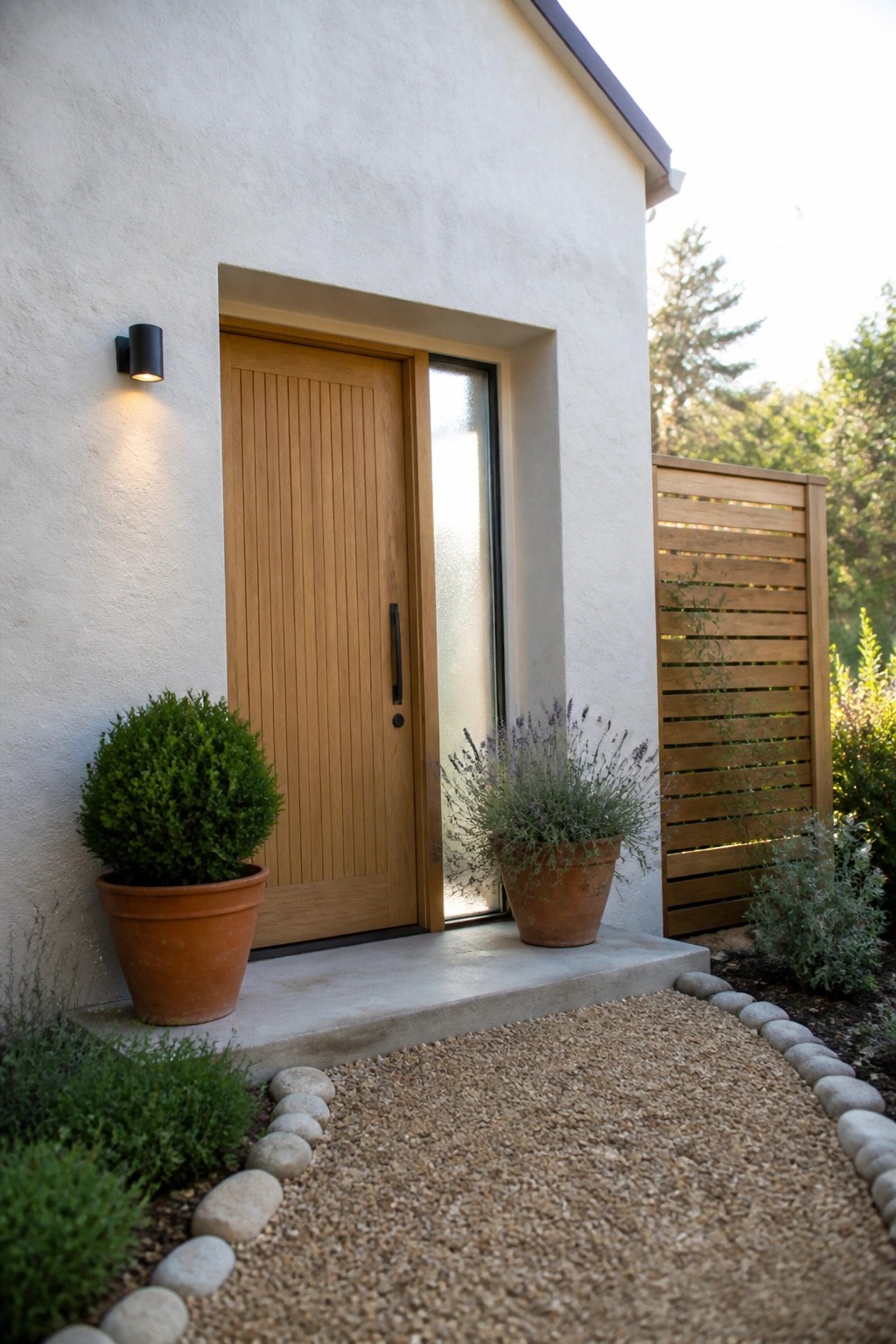 Modern wooden door with terracotta pots, lavender, and gravel path at home entrance