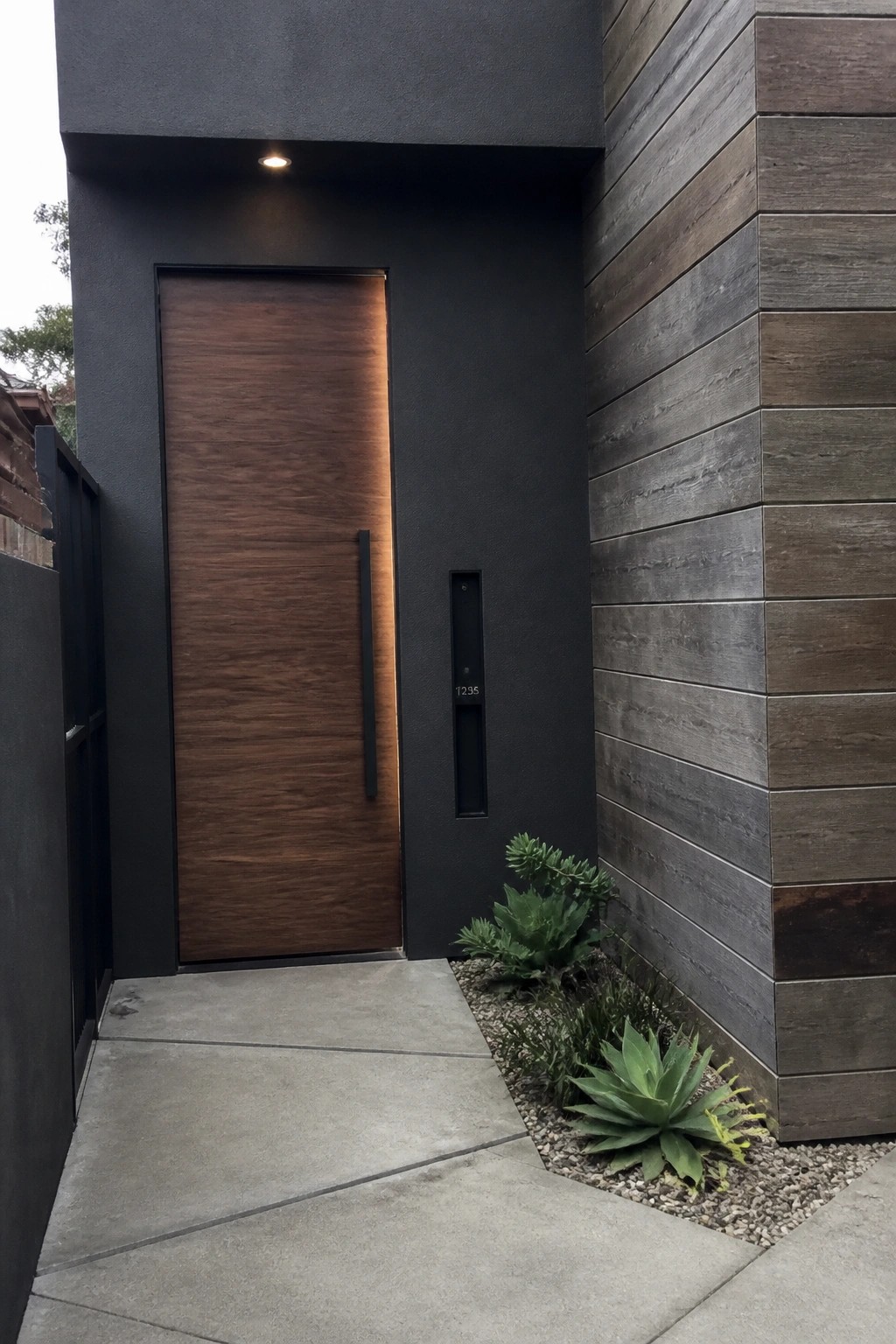 A tall wooden door with vertical grain is set into a dark wall beside a narrow vertical mail slot and a small gravel bed with succulents.