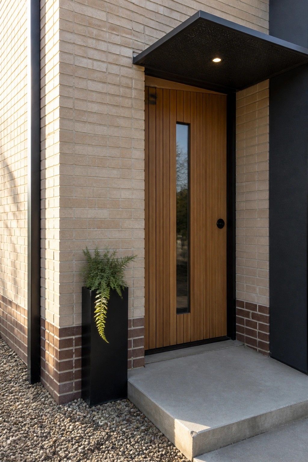 A modern wooden front door with a vertical glass panel on a light brick exterior, next to a tall black rectangular planter holding a green fern.