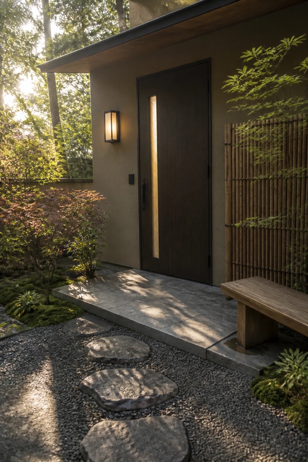 A dark wooden front door with a vertical frosted glass panel on a modern house exterior, approached by a gravel path with large stepping stones.