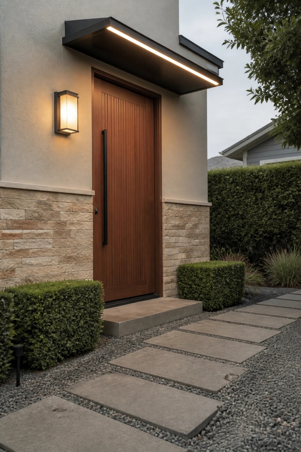 A modern house entrance shows a tall vertical wood door with a long black handle, a linear LED light under a dark overhang, a lit wall sconce on the left, stone cladding along the base, and a concrete paver path on gravel.