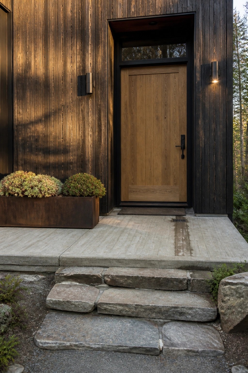 Front view of a modern house entrance with a light wood door in a black frame, set into dark vertical wood siding, with concrete steps, a metal planter on the left, and two wall sconces.