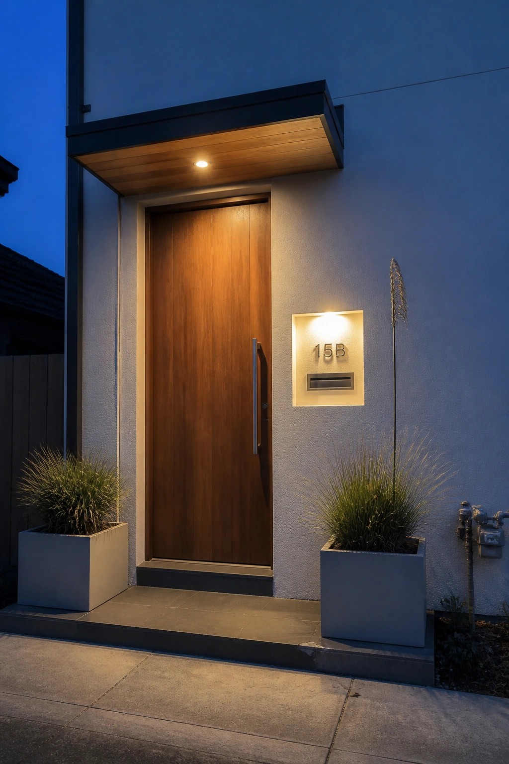 A modern house entrance with a vertical grain wooden door under a lit overhang, a recessed illuminated niche with address 15B and mail slot to the right, and two gray planters with tall grasses on either side.