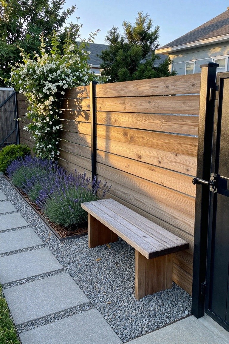 A horizontal wood fence with a built-in bench sits beside a gravel path and lavender planting.