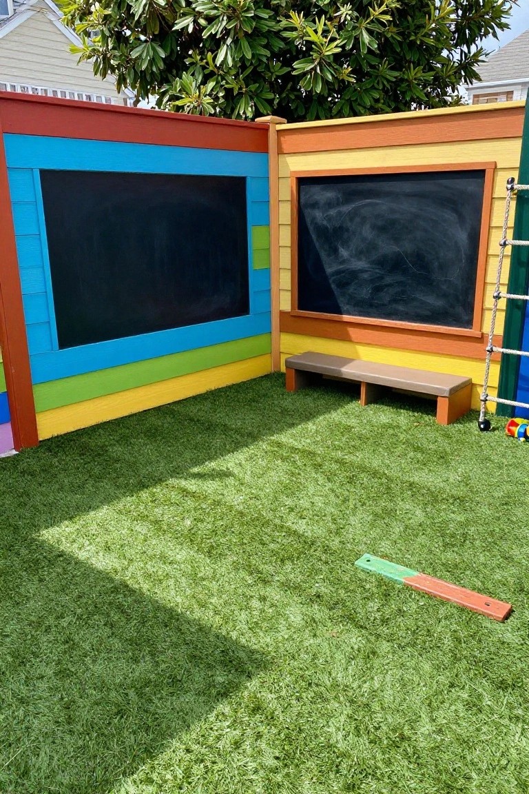 A colorful wooden fence with two large chalkboard panels, a bench, and artificial grass in a backyard play area.