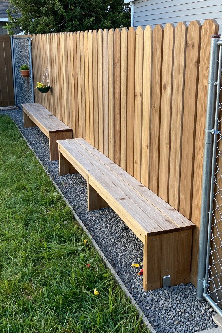 Two wooden benches on gravel beside grass along a tall fence.