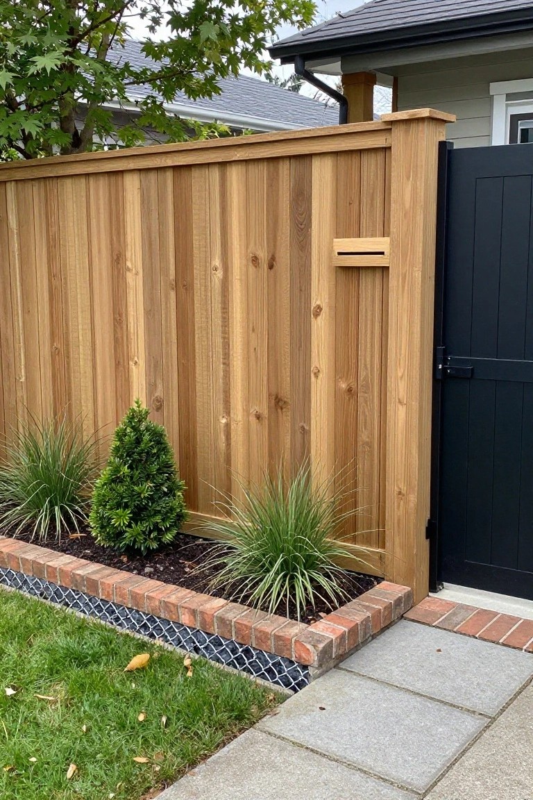 Wooden vertical plank fence with a black gate on the right, brick-edged garden bed with shrubs and grasses, and chain link mesh visible at the base of the bed.