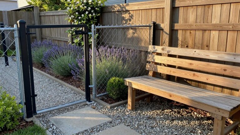 21 Smart Chain Link and Wood Fence Ideas for Attractive Boundary Upgrades A horizontal wood fence with a built-in bench sits beside a gravel path and lavender planting.