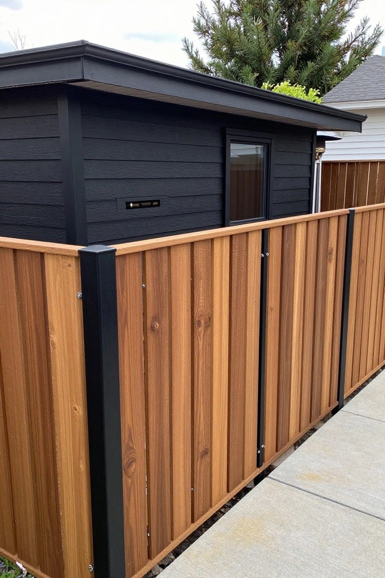 A black modern shed-style building with a wooden vertical slat fence that has black posts running along the front edge.