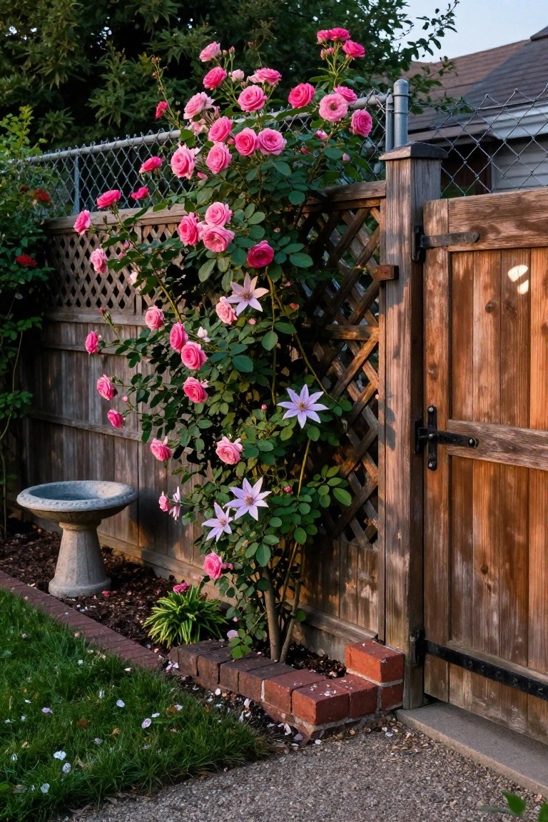 A chain link fence section covered in pink climbing roses next to a wooden gate and lattice panel, with a concrete birdbath visible nearby.