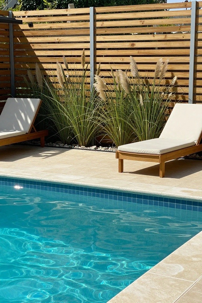 Two wooden lounge chairs beside a blue pool with tall grasses and wooden fence.