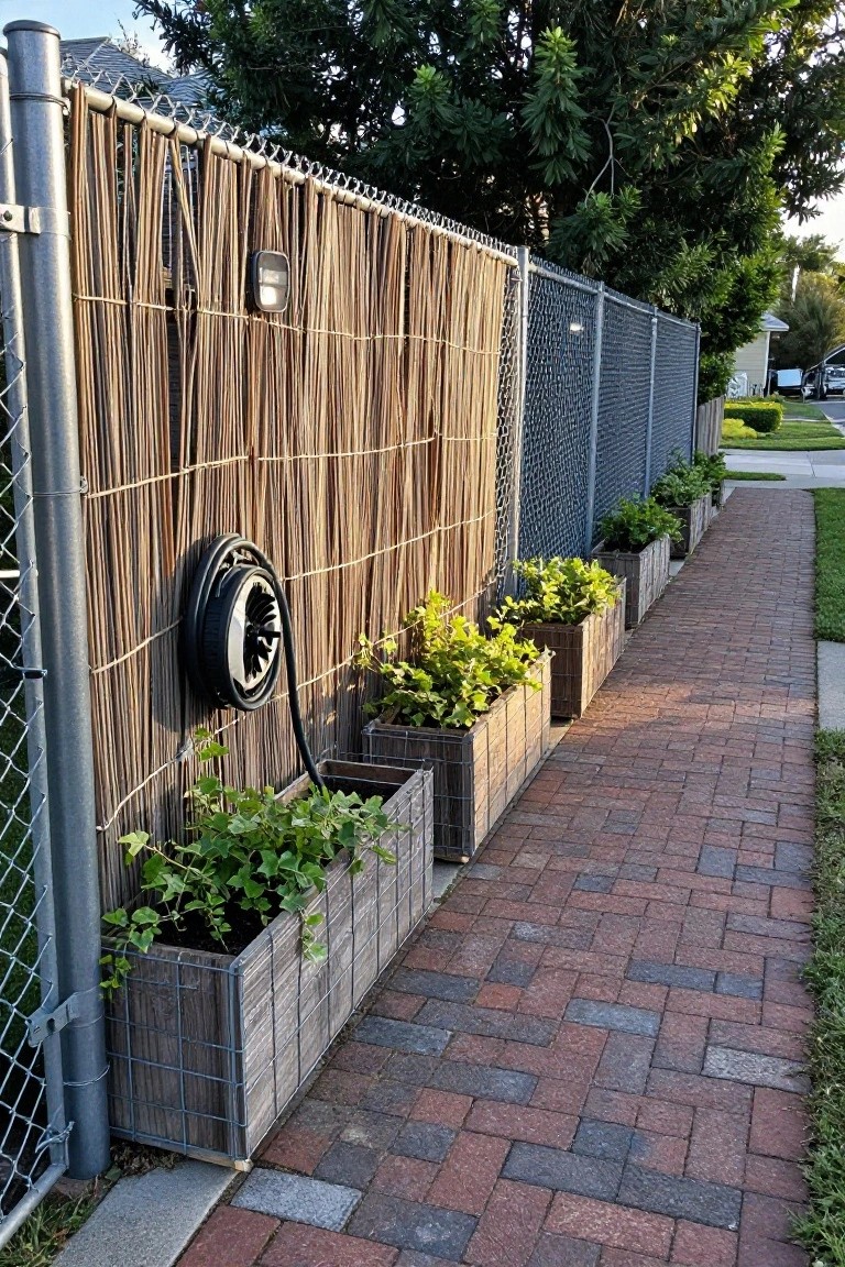 Planters with green plants line reed fence along brick pathway.