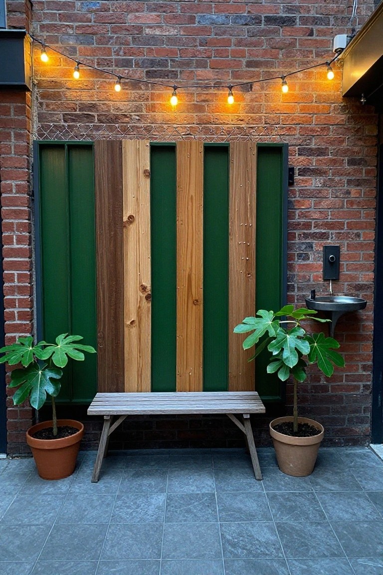 Wooden bench between potted plants against green and wood panel wall with string lights