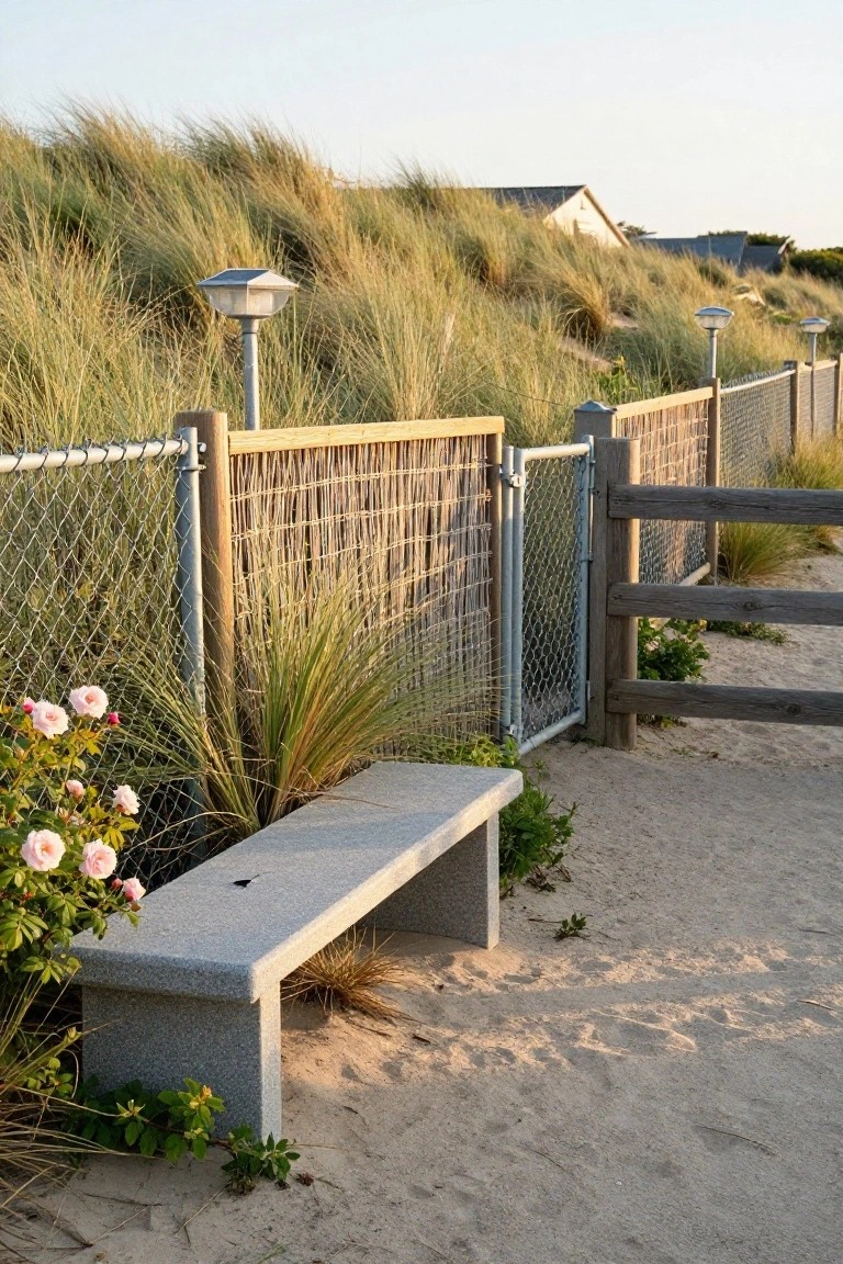 A chain link fence with wooden posts and a gate stands beside a concrete bench on a sandy path, with grass-covered dunes and a few solar lights in the background.