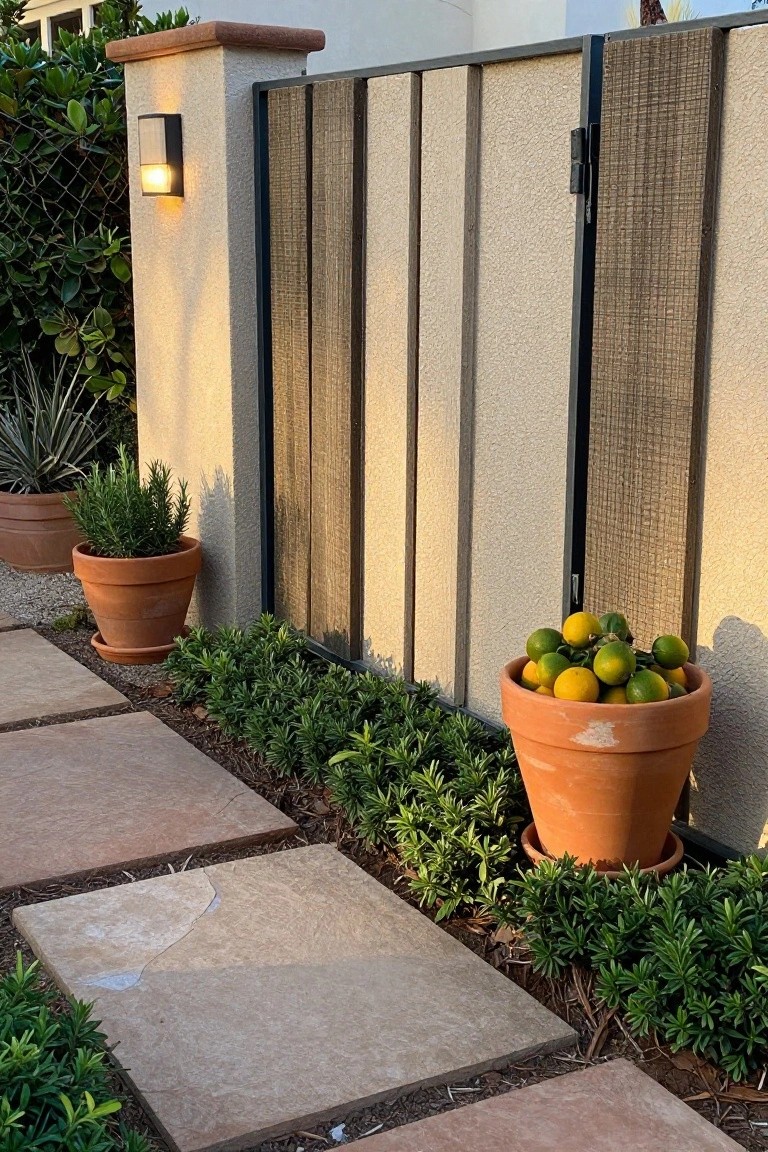Stone path lined with terracotta pots of shrubs and citrus beside textured wall gate