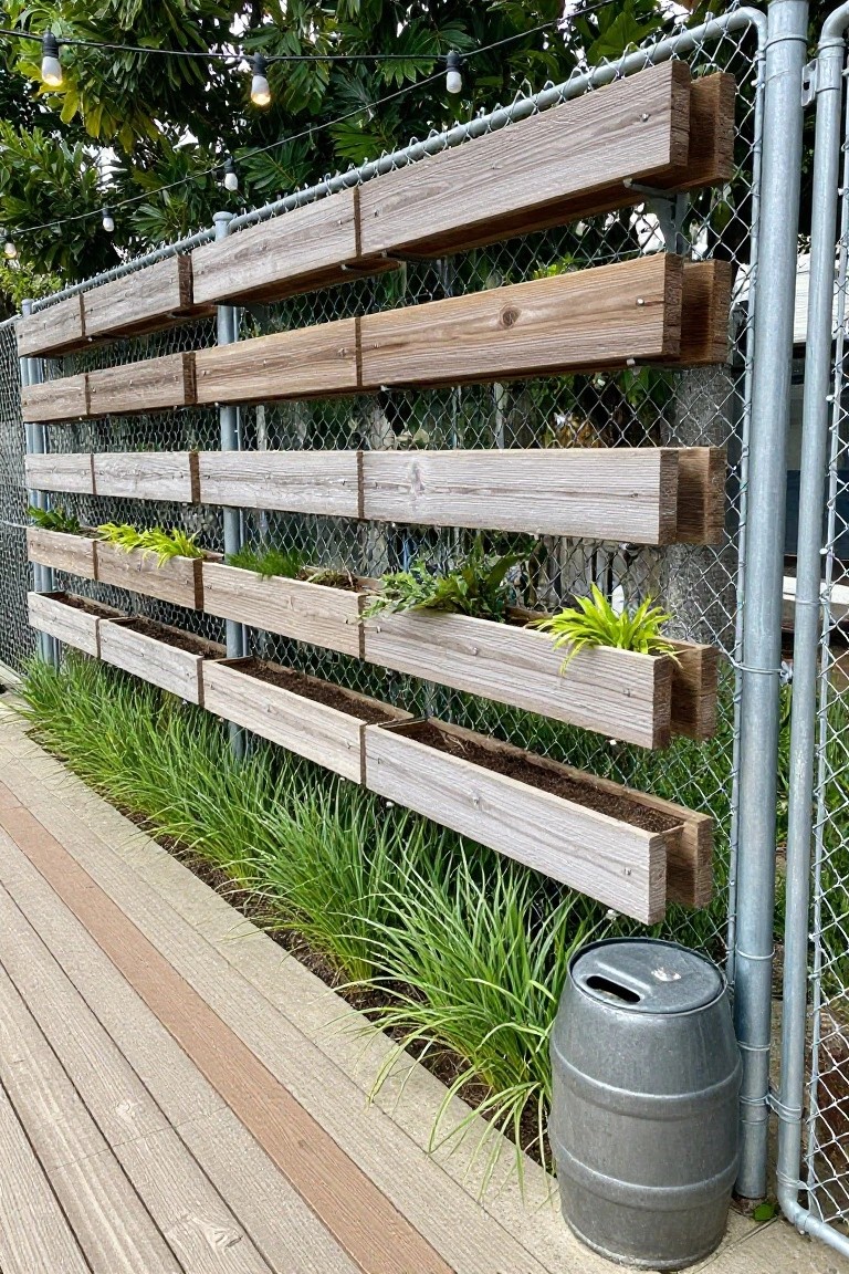 A chain link fence fitted with several horizontal wooden planters holding soil and green plants, positioned beside a wooden deck and a metal barrel.