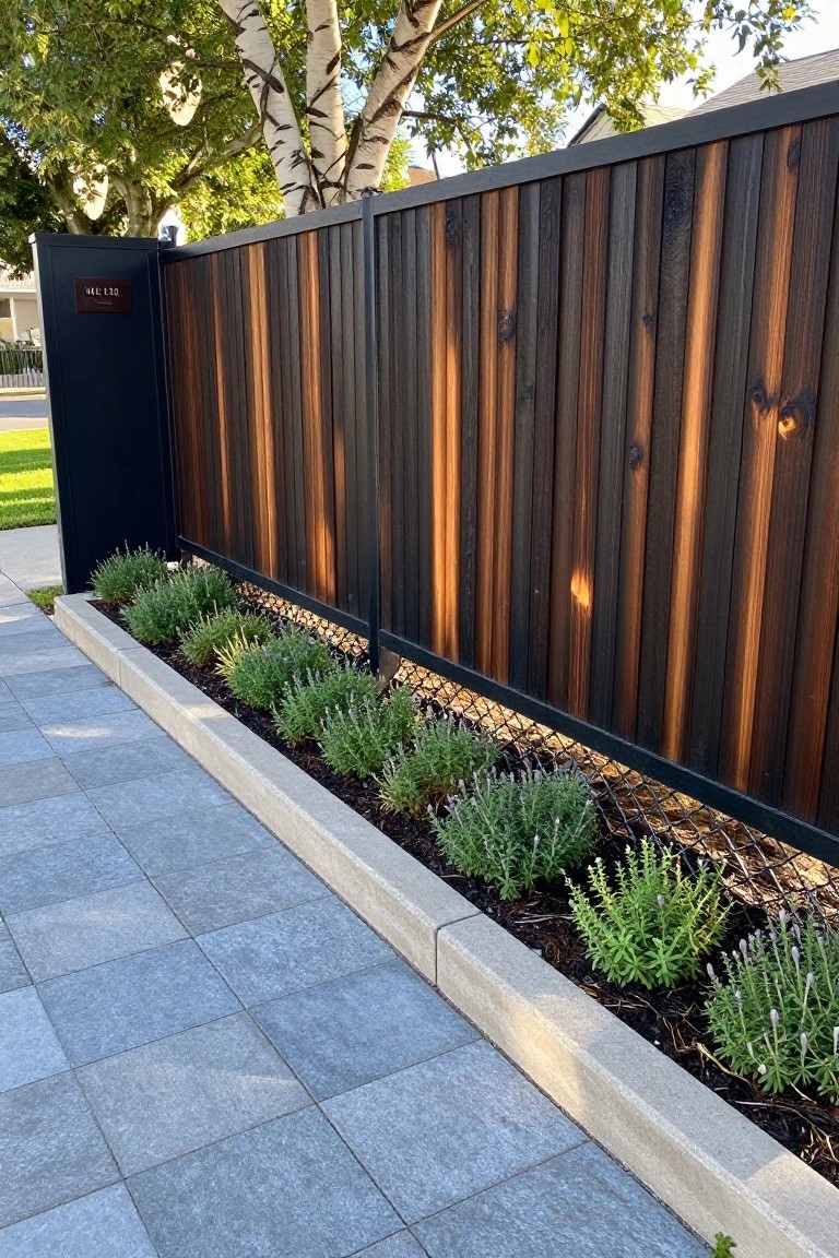 Dark wooden vertical fence beside gray sidewalk with lavender garden bed and concrete border.