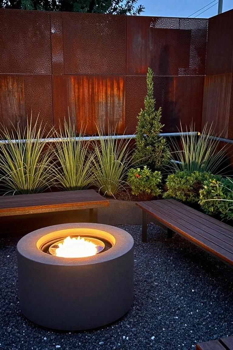 A round metal fire pit with flames is set on dark gravel in front of a tall rusted perforated metal wall, flanked by wooden benches and clumps of tall grasses and shrubs.