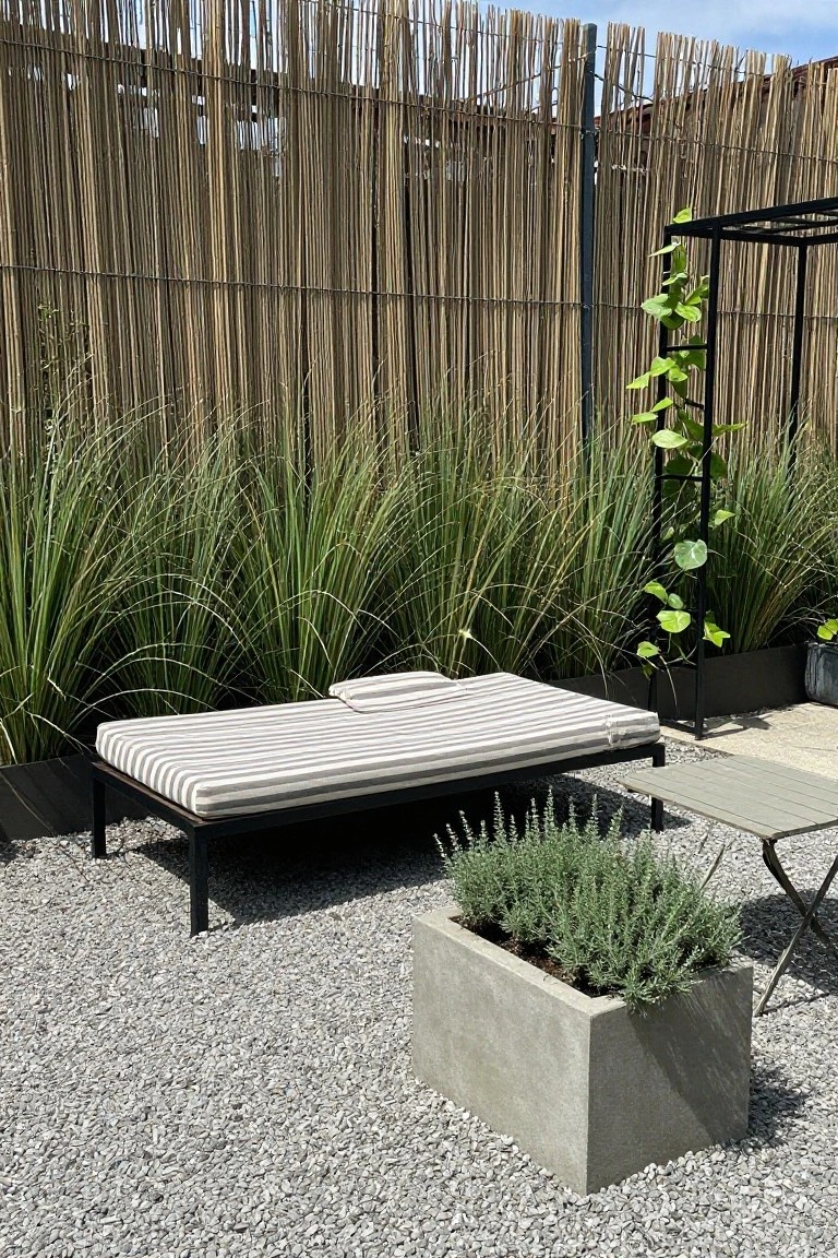 Outdoor gravel patio with a black-framed daybed, tall vertical reed fence in the background, and a concrete planter holding lavender in the foreground.