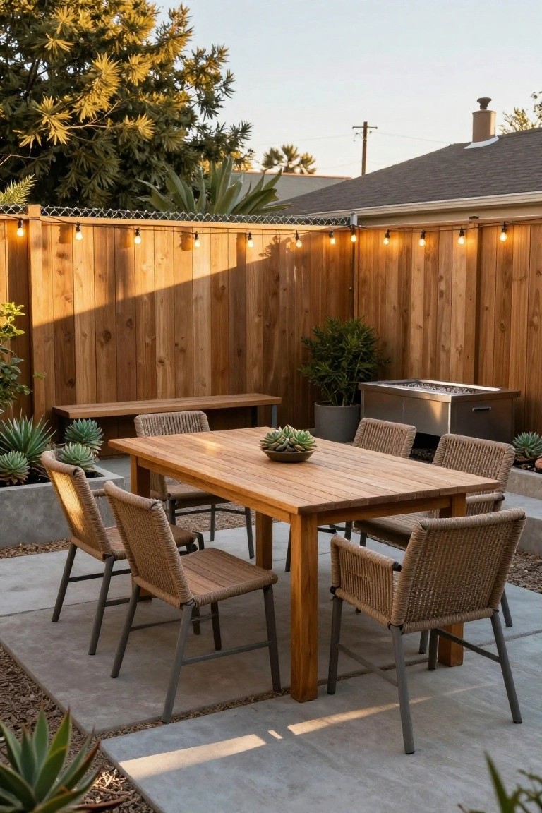 A backyard patio enclosed by a wooden fence topped with chain link and strung with lights, featuring a wooden dining table and woven chairs on concrete.