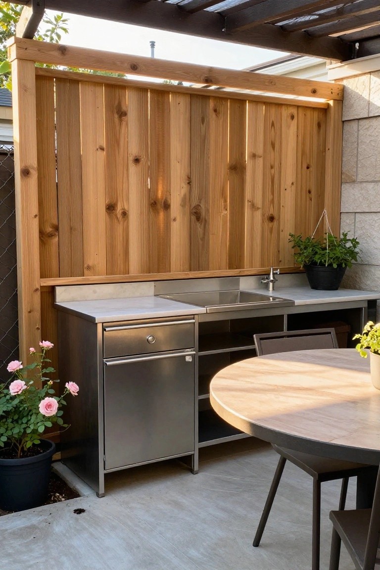 Stainless steel outdoor kitchen sink with wooden fence, round table, and potted roses.