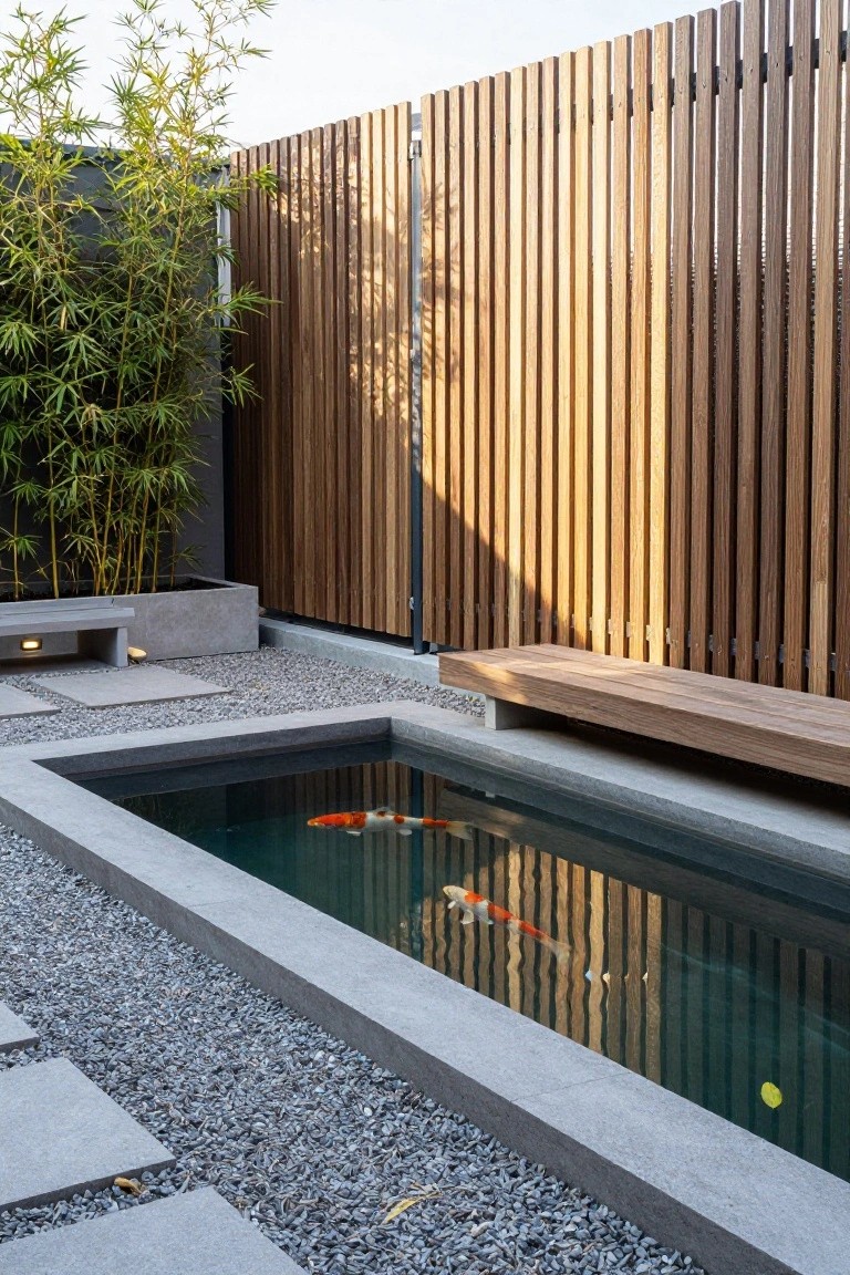 A rectangular koi pond with concrete edging sits on gravel next to a tall vertical wood slat fence, with bamboo plants visible on the left side.